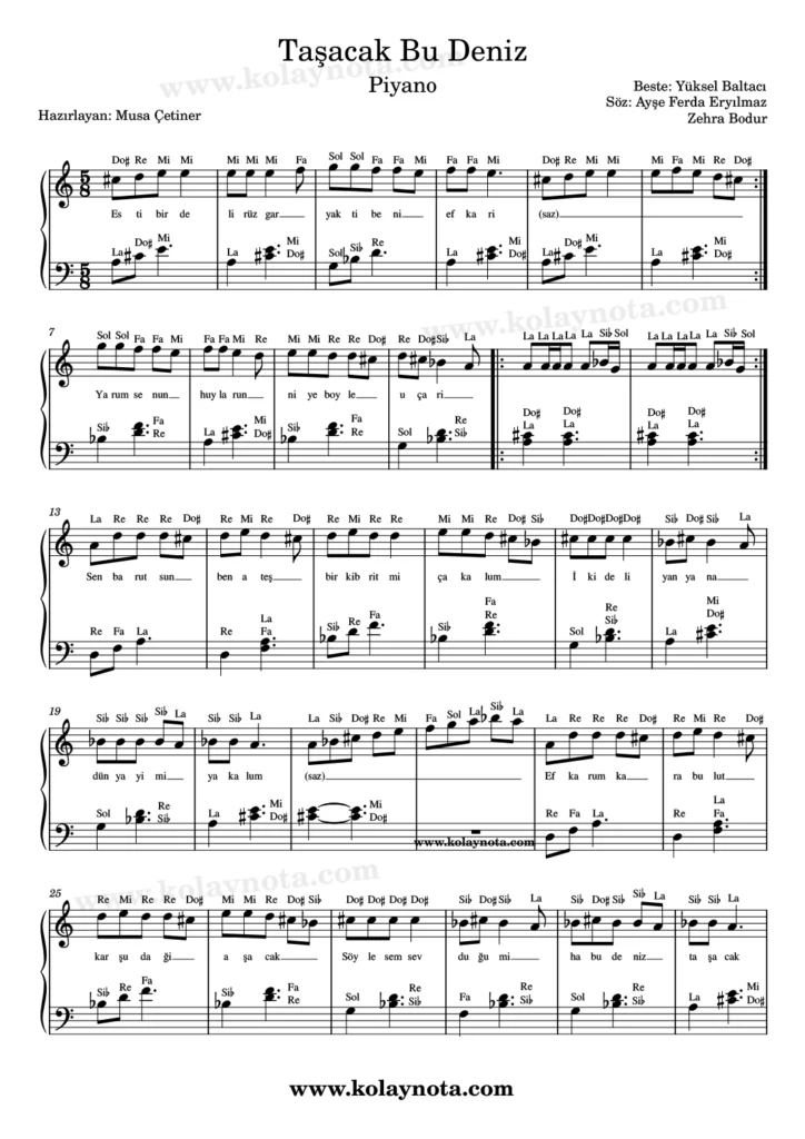 Taşacak Bu Deniz şarkısının piyano düzenlemesi