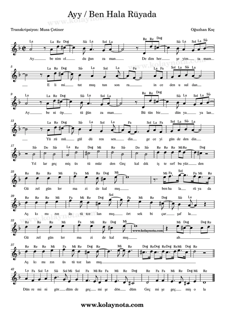 Ayy / Ben Hala Rüyada şarksının kolay notasyonu