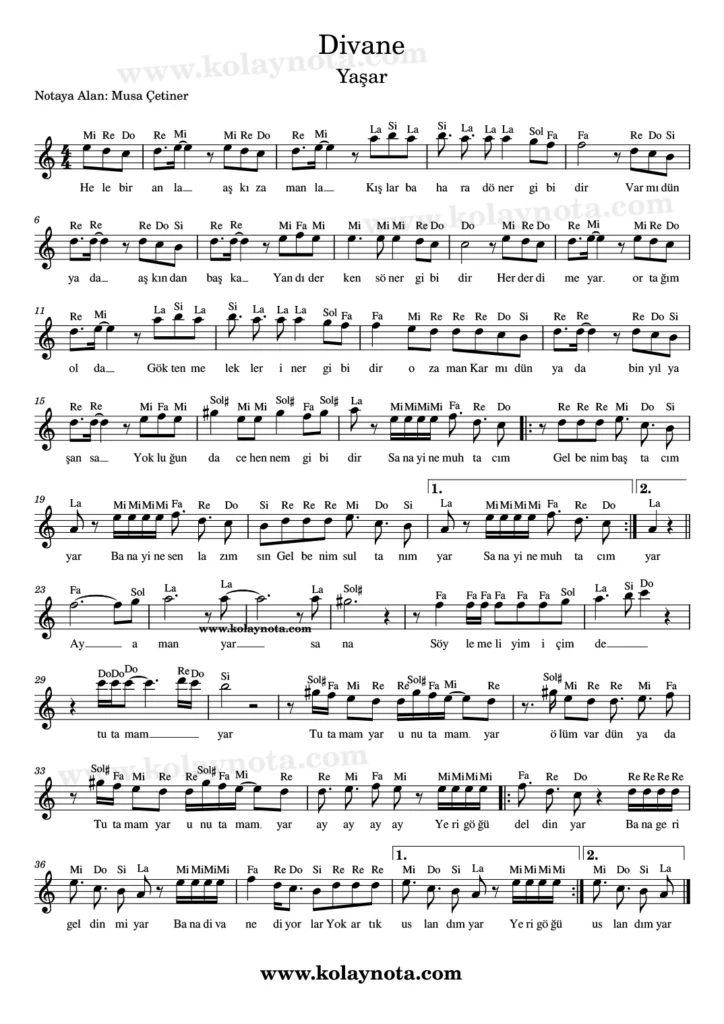 Divane şarkısının kolay notasyonu
