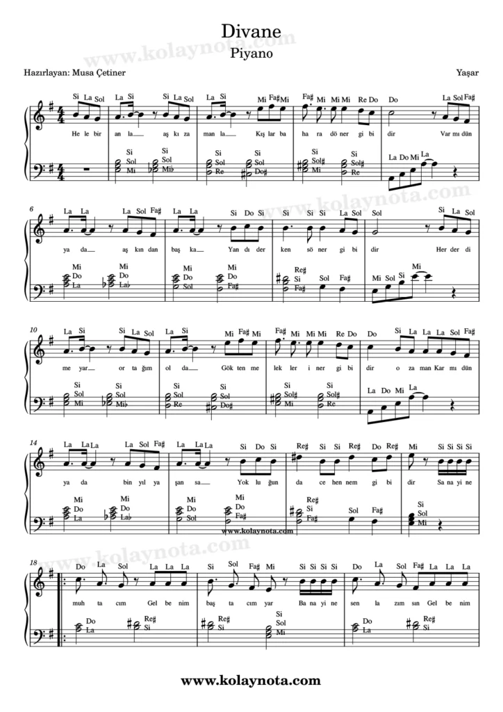 Divane şarkısının piyano düzenlemesi
