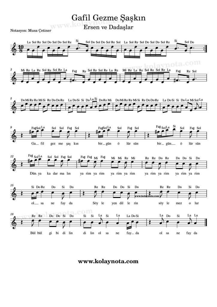Gafil Gezme Şaşkın türküsünün kolay notasyonu