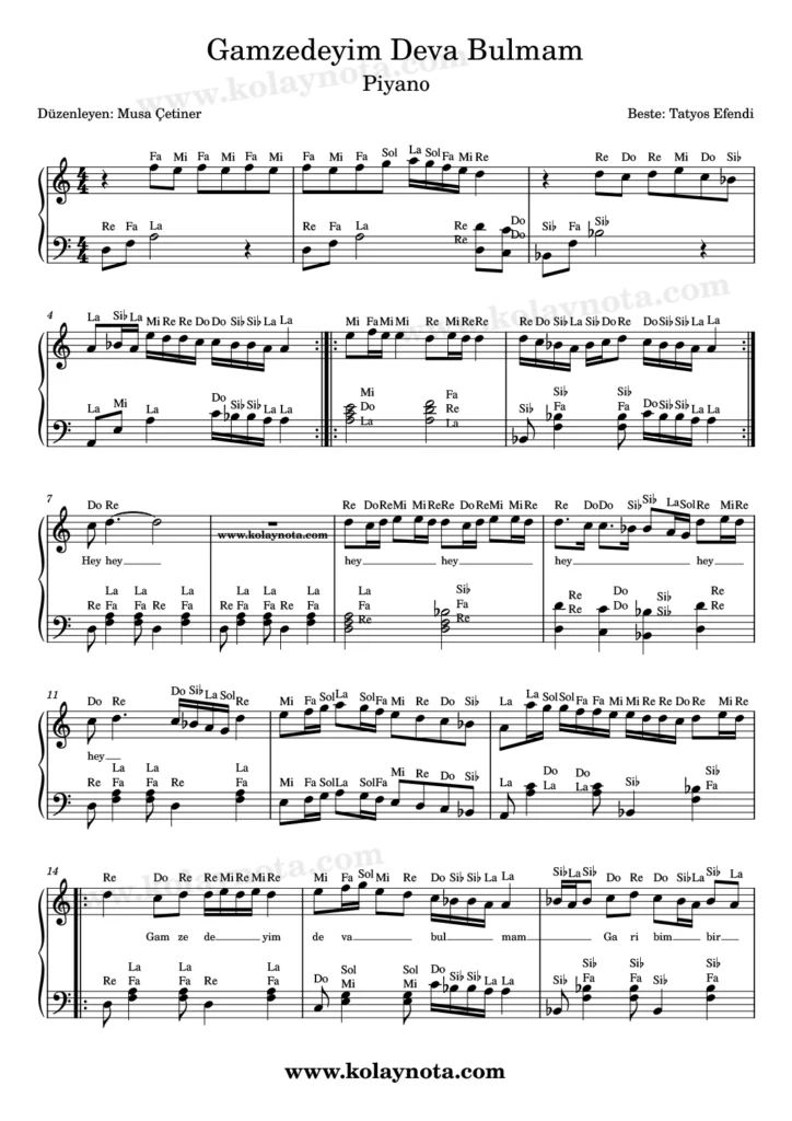Gamzedeyim Deva Bulmam şarkısının piyano düzenlemesi