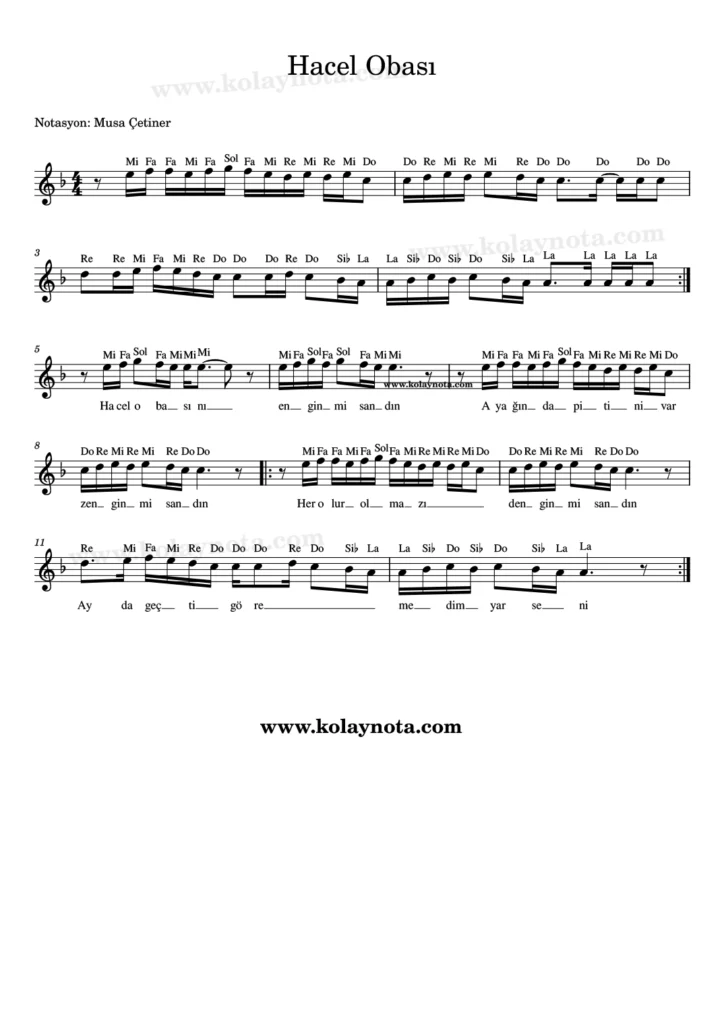 Hacel Obası türküsünün kolay notasyonu