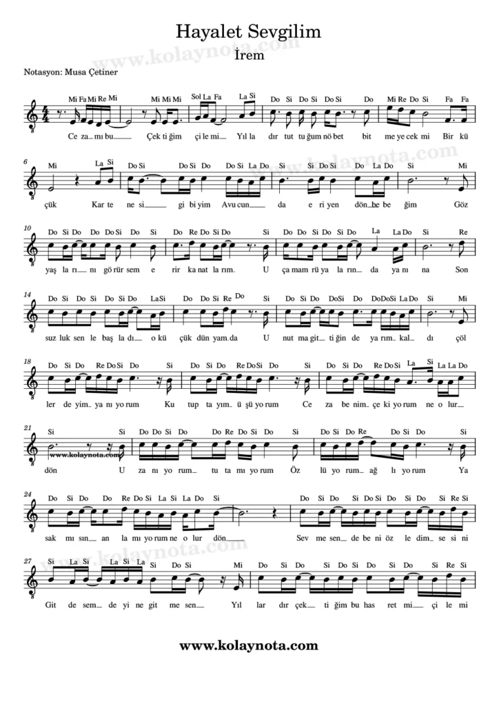 Hayalet Sevgilim şarkısının kolay notasyonu