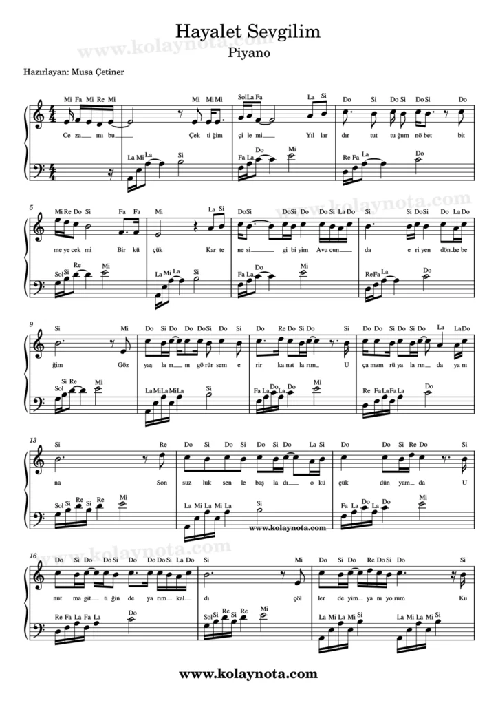 Hayalet Sevgilim şarkısının piyano düzenlemesi