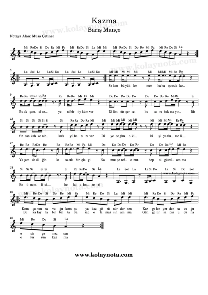 Barış Manço, Kazma şarkısının kolay notasyonu