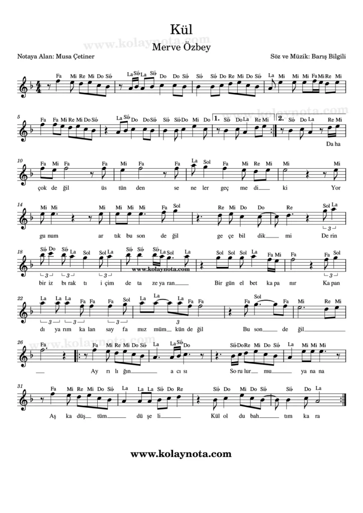Merve Özbey, Kül şarkısının kolay notasyonu