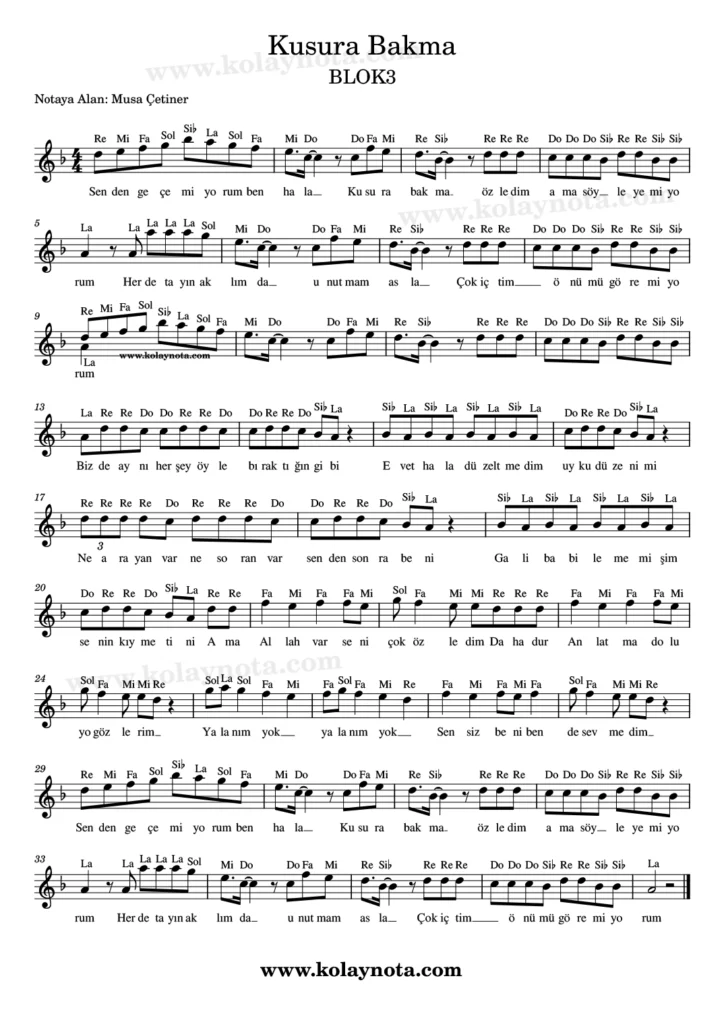BLOK3, Kusura Bakma şarkısının kolay notasyonu