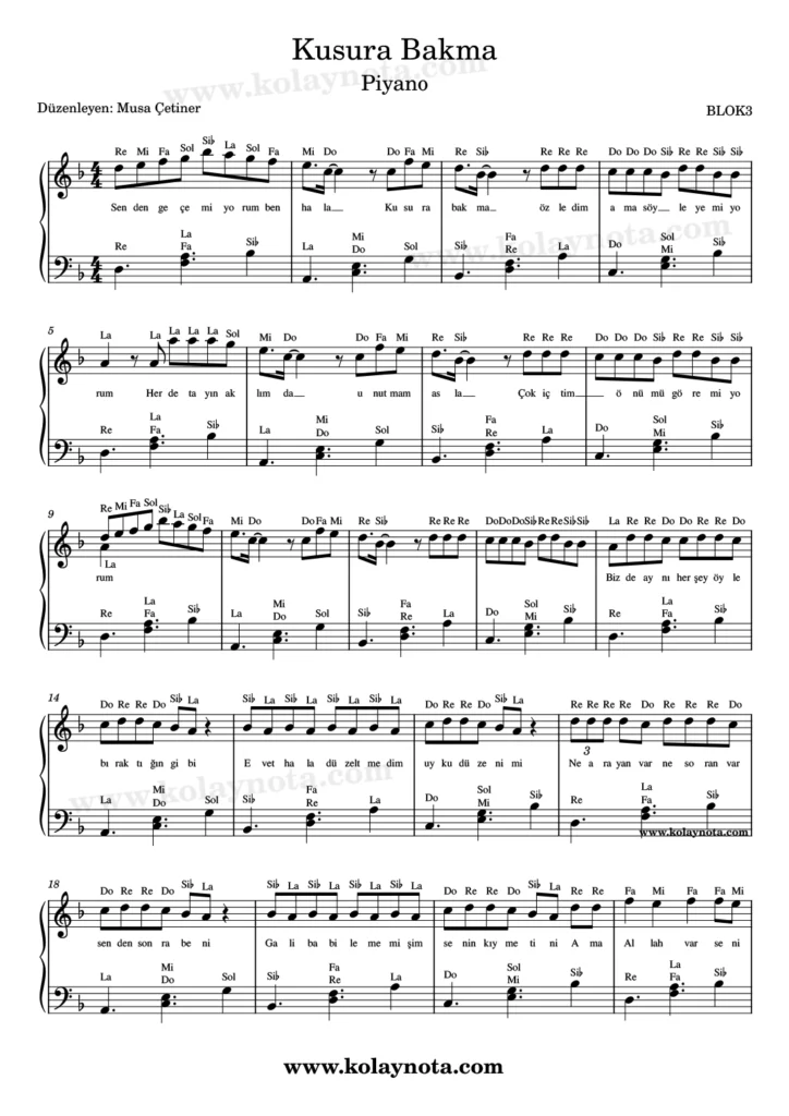 BLOK3, Kusura Bakma şarkısının piyano düzenlemesi