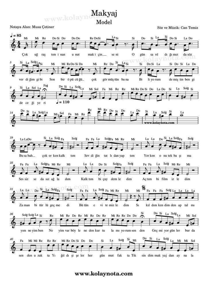 Model, Makyaj şarkısının kolay notasyonu