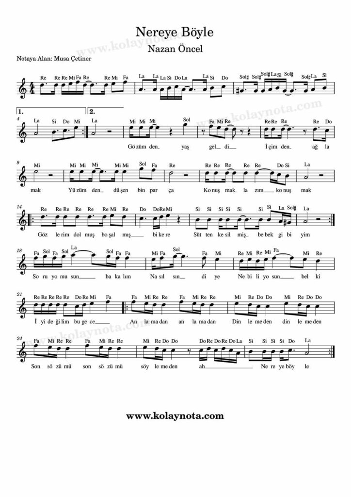 Nereye Böyle şarkısının kolay notasyonu