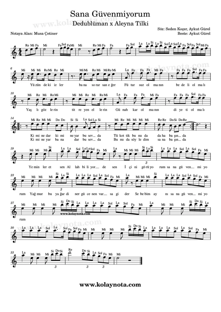 Sana Güvenmiyorum şarkısının kolay notasyonu