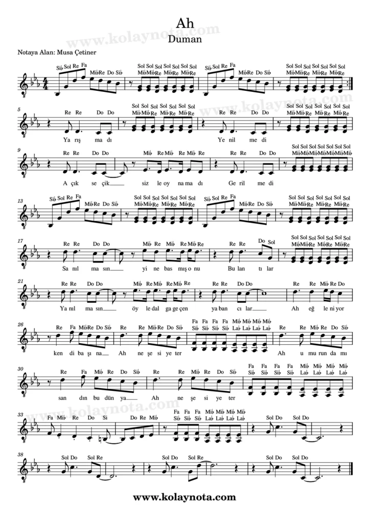 Duman, Ah şarkısının kolay notasyonu