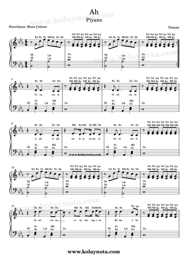 Duman, Ah şarkısının piyano düzenlemesi