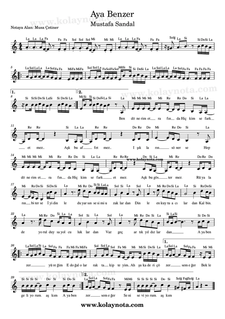 Aya Benzer şarkısının kolay notasyonu