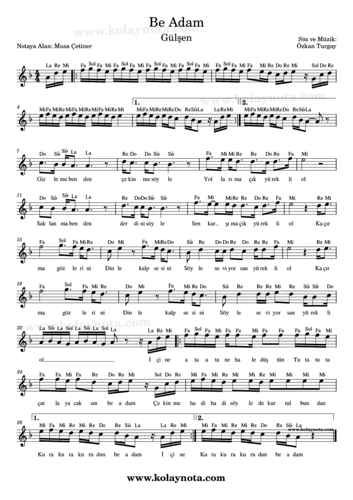 Be Adam şarkısının kolay notasyonu