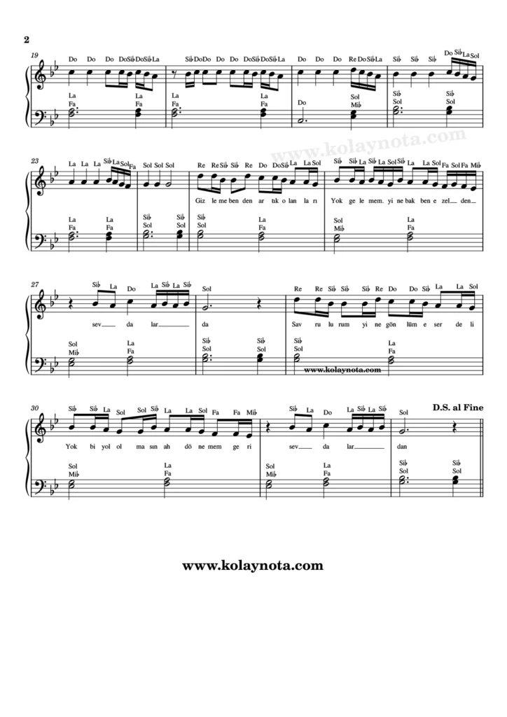 Bir Güldün - Piyano Nota - 2