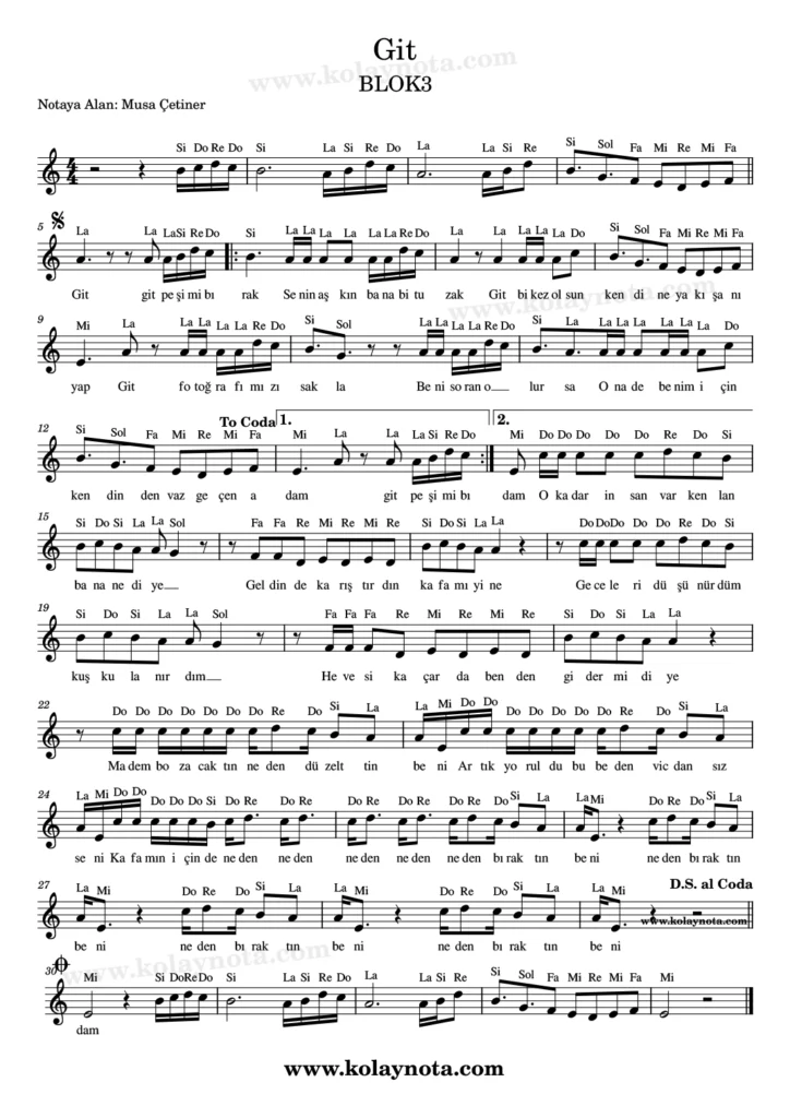 BLOK3, Git şarkısının kolay notasyonu