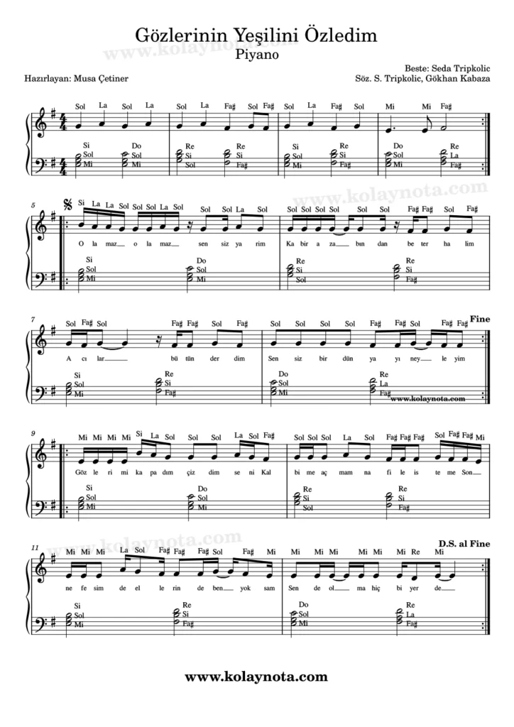 Gözlerinin Yeşilini Özledim - Nota