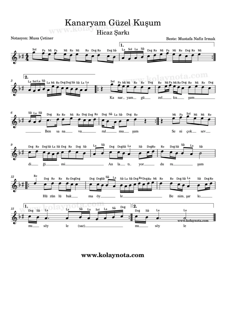 Kanaryam Güzel Kuşum şarkısının kolay notasyonu