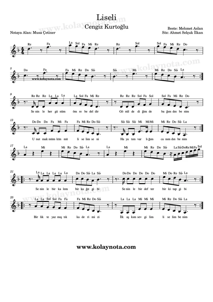 Liselim şarkısının kolay notasyonu