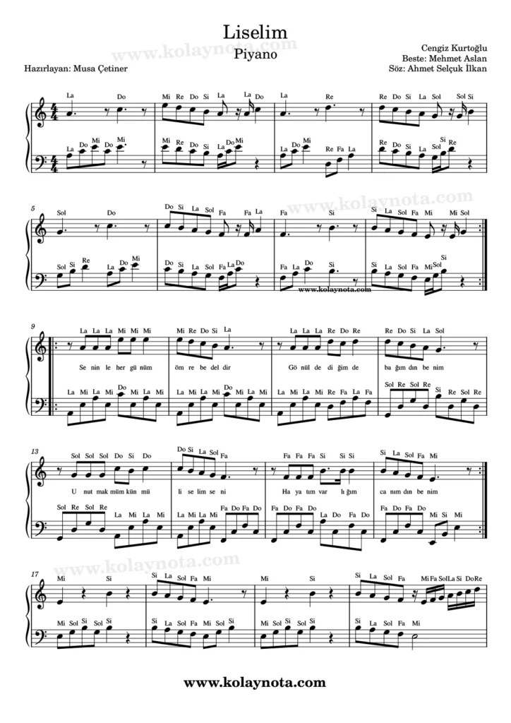 Liselim şarkısının piyano düzenlemesi