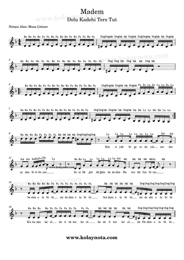 Madem şarkısının kolay notasyonu