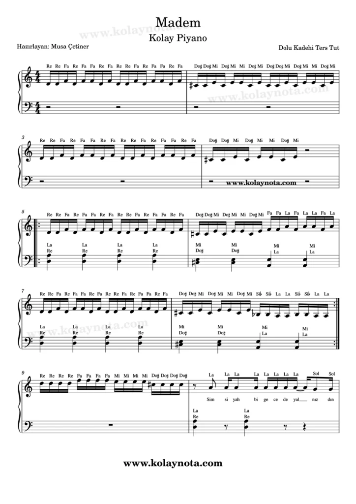 Madem şarkısının kolay piyano düzenlemesi