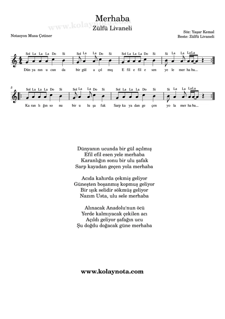 Livaneli, Merhaba şarkısının kolay notasyonu