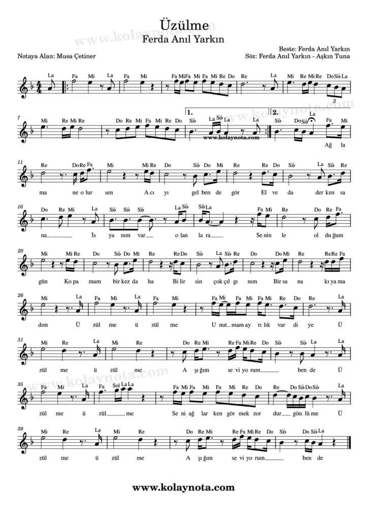 Üzülme şarkısının kolay notasyonu