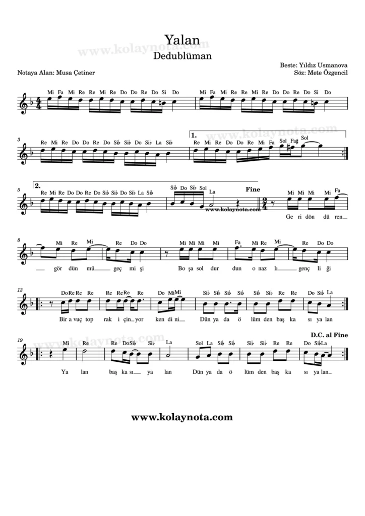 Yalan şarkısının kolay notasyonu