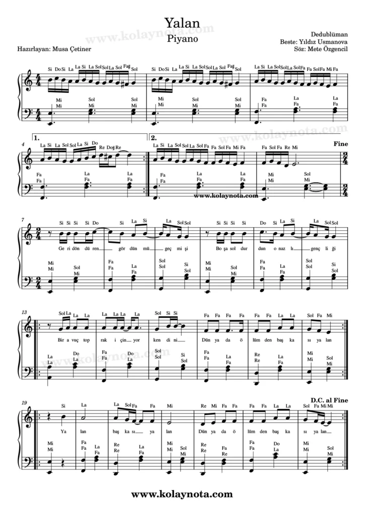 Yalan şarkısının piyano düzenlemesi