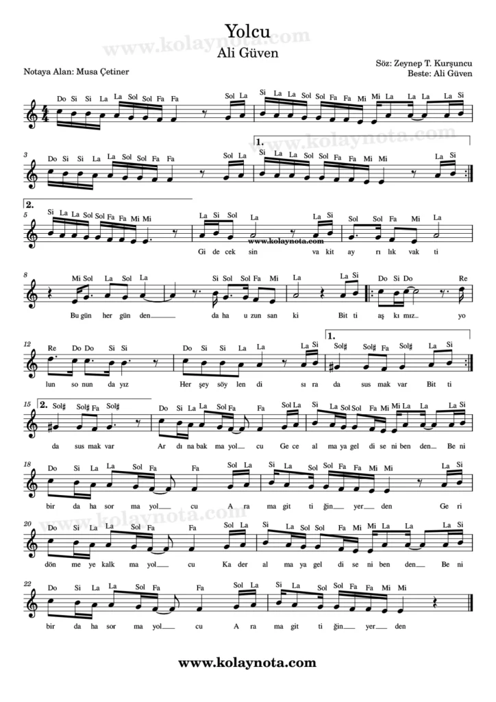 Yolcu şarkısının kolay notasyonu
