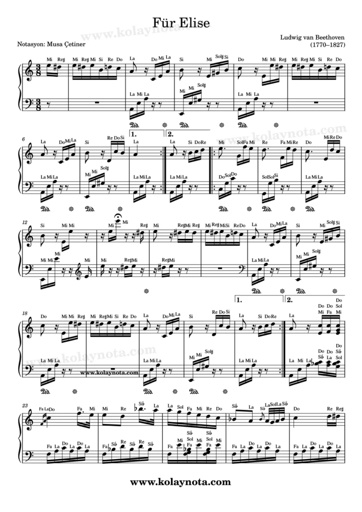 Für Elise eserinin piyano notası