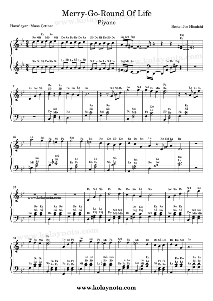 Merry-Go-Round of Life - Piyano Nota