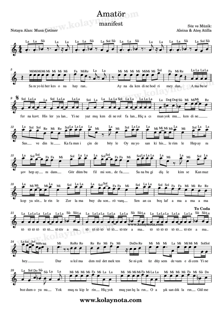 Amatör şarkısının kolay notasyonu