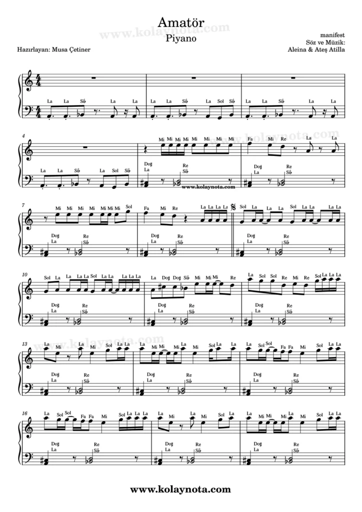 Amatör şarkısının piyano düzenlemesi