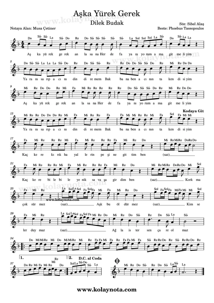 Aşka Yürek Gerek şarkısının kolay notasyonu