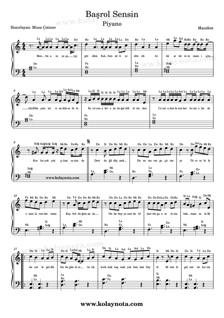 Başrol Sensin şarkısının piyano düzenlemesi
