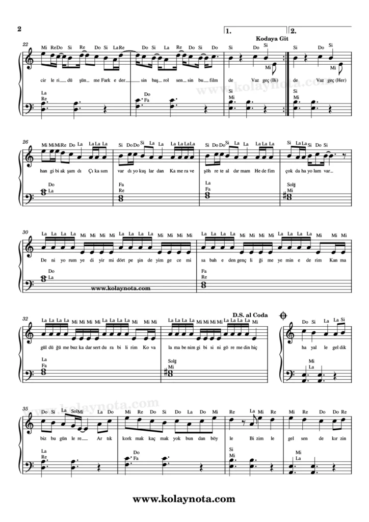 Başrol Sensin - Piyano - Nota - 2