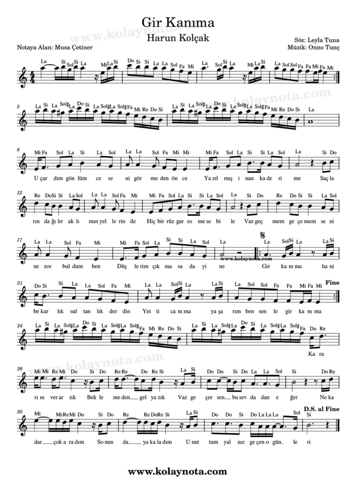Gir Kanıma şarkısının kolay notasyonu