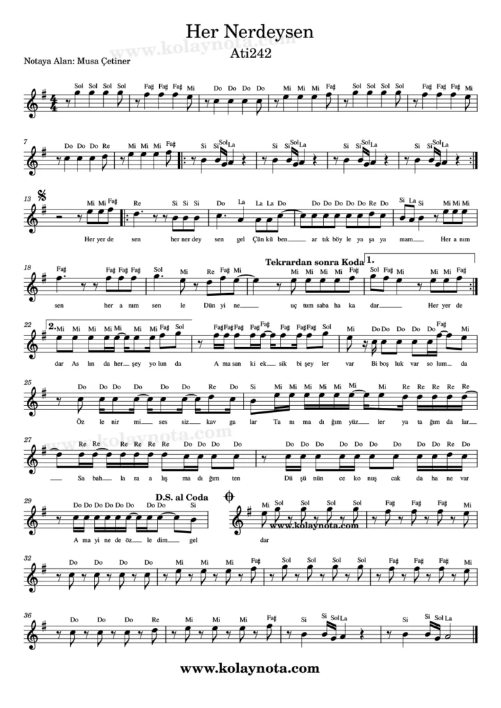Her Nerdeysen şarkısının kolay notasyonu
