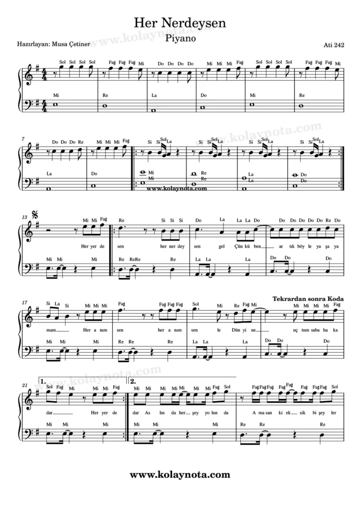 Her Nerdeysen şarkısının piyano düzenlemesi