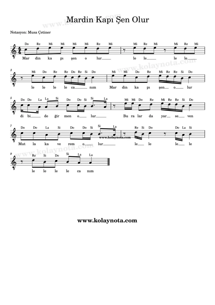 Mardin Kapı Şen Olur türküsünün kolay notasyonu