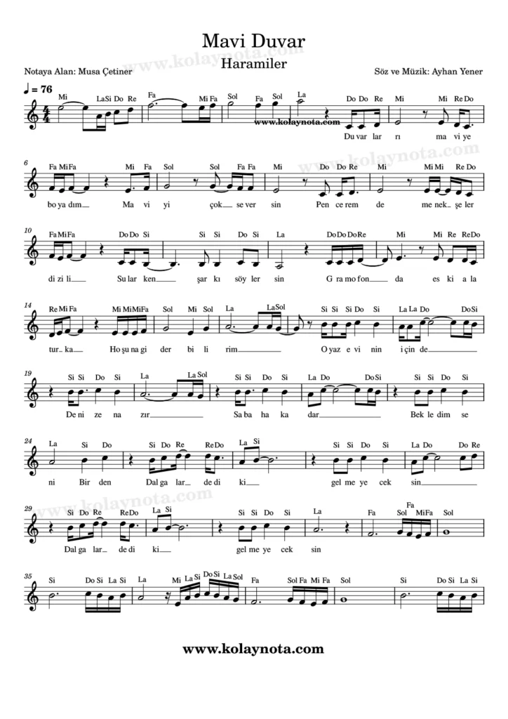 Mavi Duvar şarkısının kolay notasyonu