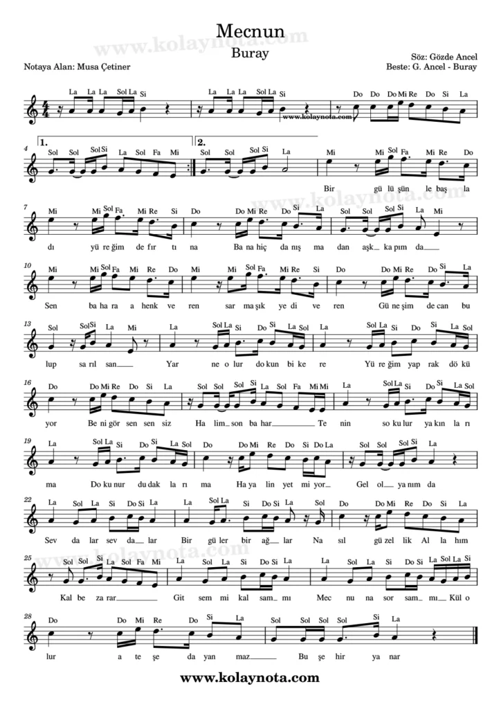 Buray, Mecnun şarkısının kolay notasyonu