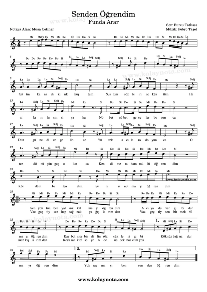 Senden Öğrendim şarkısının kolay notasyonu