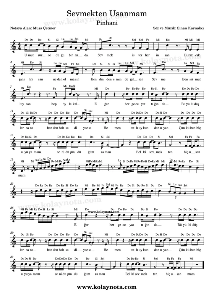 Sevmekten Usanmam şarksının kolay notasyonu
