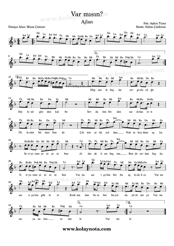 Var Mısın? şarkısının kolay notasyonu
