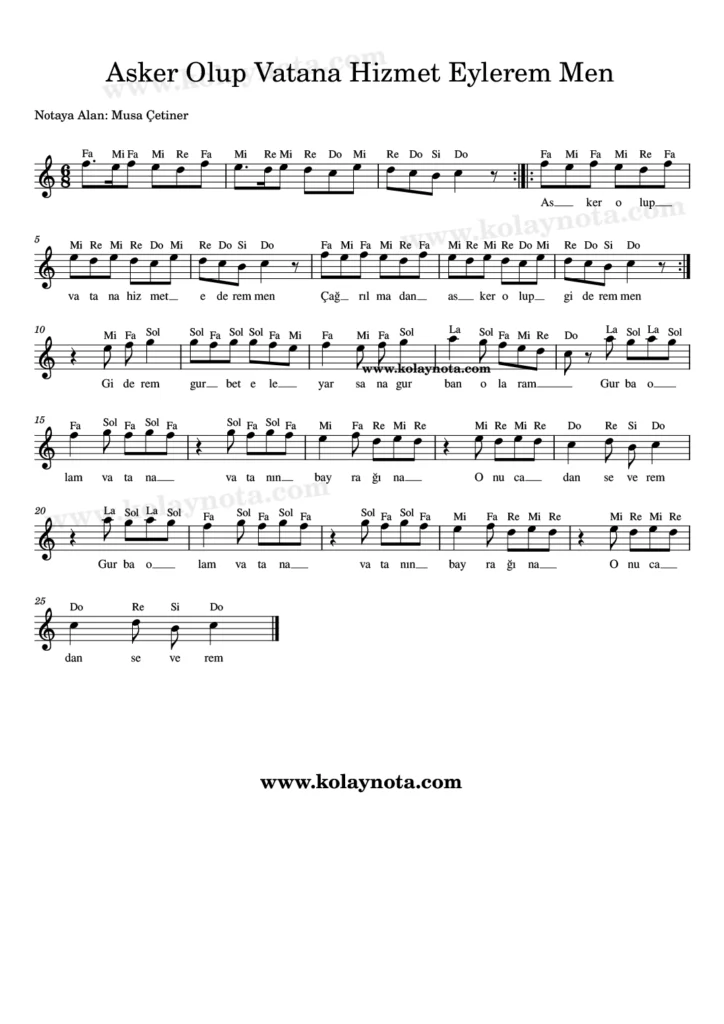 Asker Olup Vatana Hizmet Eylerem Men - Nota